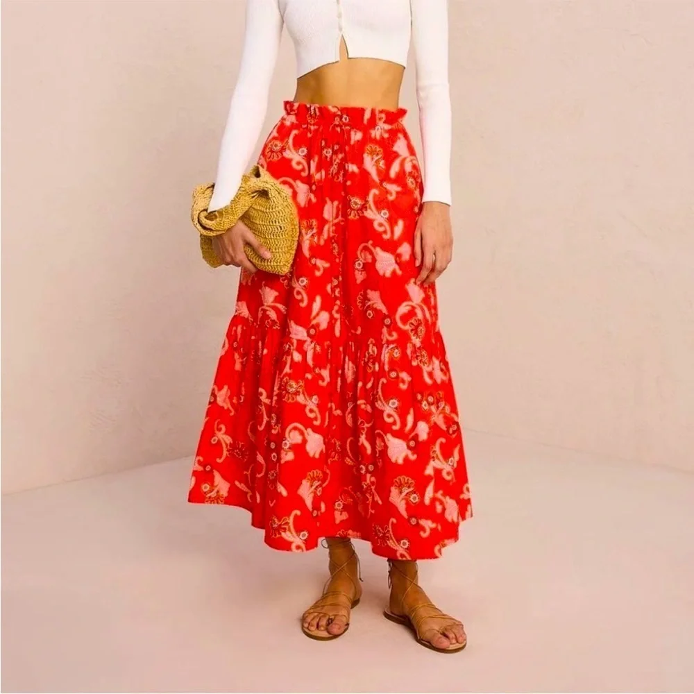 A.L.C Francis Cotton Tiered Midi Skirt in Calla Multi Sz 14
